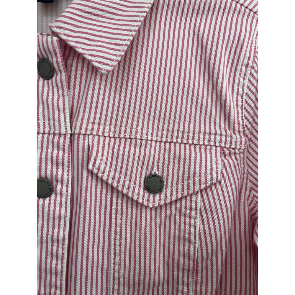 Charter Club Women's Denim Style Pink Striped ButtonUp Jean Jacket Med Stretch
